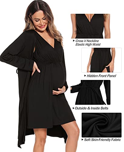 Image of SWOMOG Women Maternity Nursing Gown and Robe Set 3 in 1 Labor Delivery Nursing Nightgown for Breastfeeding Hospital Bathrobe
