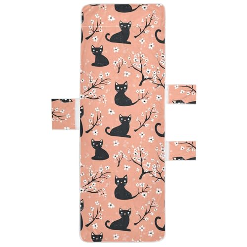BOESI Doodle Black Cat and Flower Beach Chair Towel, Outdoor Pool Chair Cover, with Pockets, Suitable for Outdoor Beach Garden Sunbathing, 85'' x 30''