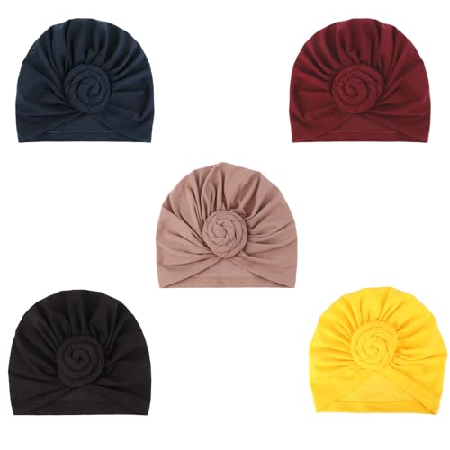 Image of DRESHOW 5 Pack Knotted Headwraps for Women African Turban Pre-Knotted Beanie Headwraps Hair Covers