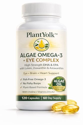 Algae Omega-3 & Eye Health Complex – DHA EPA with Lutein, Zeaxanthin & Astaxanthin – with Choline, Vitamin D3 & K2 – 120 Capsules – Fish-Free Formula