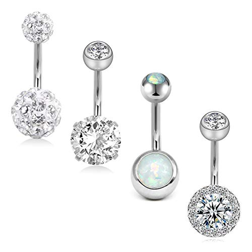 FECTAS Pack of 4 Belly Button Ring Set Stainless Steel 14 Gauge Navel Barbell 10mm Bars Piercing Jewellery