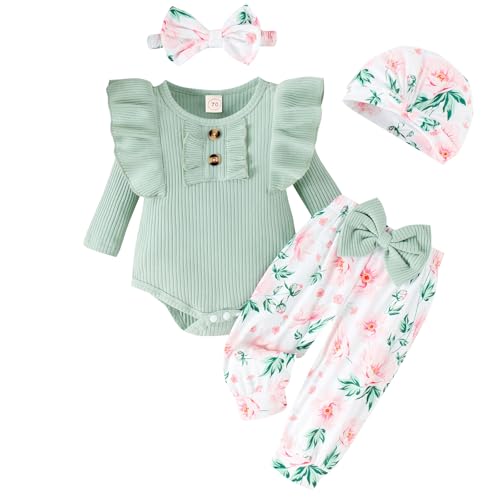 Image of GDTOGRT Baby Girl Clothes Infant Newborn Outfits Romper Pants Cute Bow Headband Hat Sets for Baby Girls (0-3-6-12-18 Months)