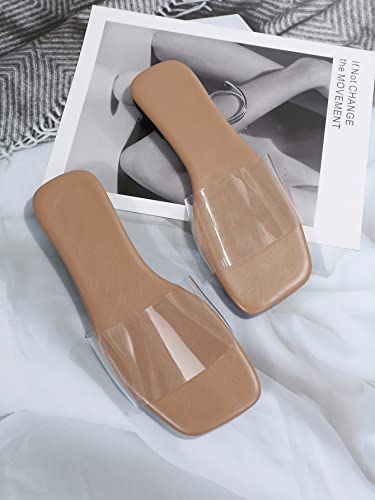 Gorglitter Rhinestone Clear Flat Sandals Open Toe Slide Sandals Clear Khaki Cn41 #TOP6