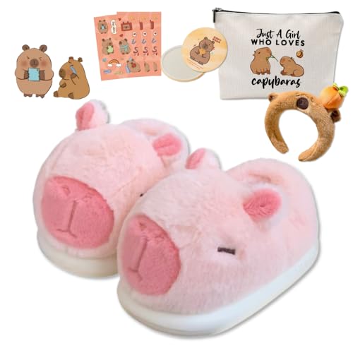Cute Capybara Plush House Slippers for Girls Daughters - Fluffy Cotton Comfort Wear Slides Non Slip Chunky Sole, Kawaii Animals Cosmetic Makeup Bag & Mirror & Headband & Stickers Christmas Gifts Sets