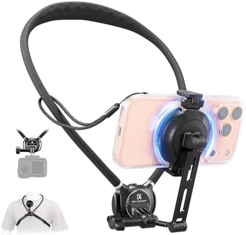 K&F CONCEPT Neck Phone Holder, 2-in-1 Magnetic & Clip-on Phone Neck Holder, POV Phone Holder, Hand Free Chest Stand Compatible with iPhone 17 16 15 14 13 12 Seires Android Phones