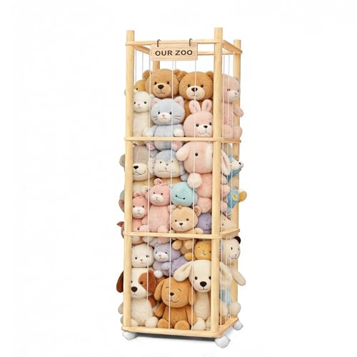 Image of Stuffed Animal Storage, Wood Stuffed Animal Zoo Storage with Brake Wheels, Space Save Toy Organizer, Large Capacity Stuffed Animal Holder, Perfect for Nursery Playroom Kidroom Bedroom-54.3 Inch