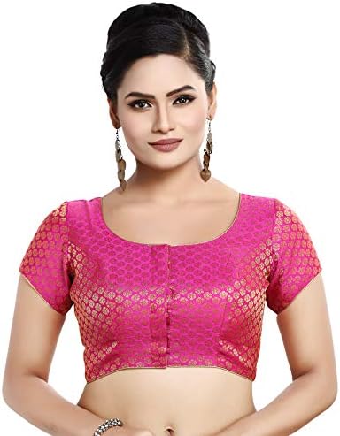 Madhu Fashion Womens Short Sleeves Banaras Brocade Readymade Saree Blouse