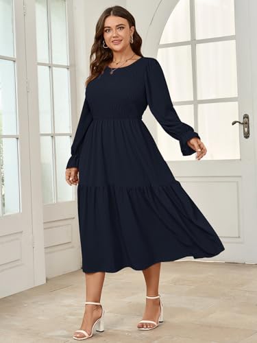 Image of SHESTARR Women's Plus Size Dress Long Sleeve Crewneck Smocked Tiered Flowy Boho Wedding Party Maxi Dresses