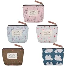 5PCS Small Makeup Bag for Purse, Mini Makeup Bag Portable Small Zipper Pouch, Cute Mini Cosmetic Bags for Women Girls Home Travel Lipstick Coin Cards Storage 5 Style Linen Floral