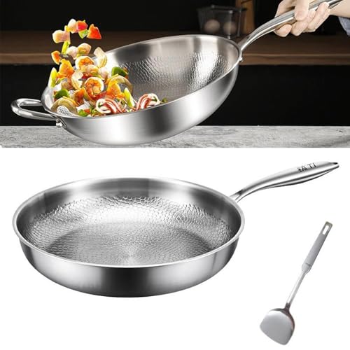 CCVVBFD Titanium Frying Pan - Hammered Design - Multifunctional Uncoated Non-Stick Carbon Steel Cookware for Stovetops & Induction Cooktops - Silver - 26cm