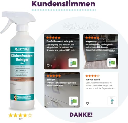 HOTREGA Küchenfronten Reiniger Matt 500 ml | Für matte Küchenfronten und empfindliche Oberflächen | Entfernt Fingerabdrücke & Alltagsschmutz