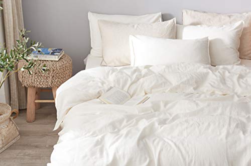 DAPU 55% French Linen 45% Cotton Duvet Cover with 2 Pillowcases, 3 Piece Ultra Soft Breathable Bedding Comforter Cover Sets with Button Closure (Ivory/Linen Cotton, Full/Queen)
