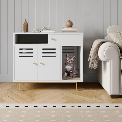 OUTGOODS 31.5 Inch Modern Cat Litter Box Enclosure Furniture with Vent Door/Side Rest Area/Drawers and Open Shelves, Hidden Litter Box for Cats,for All Kinds of Cats.