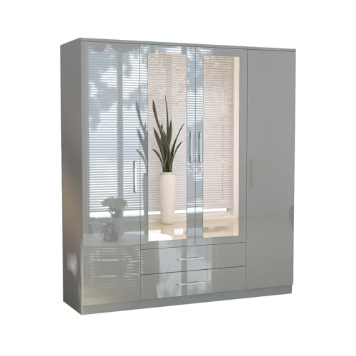 URBAN FURNISHING 4 Door Wardrobe with Drawers, Hanging Rails & Shelves Modern High Gloss Wardrobe for Bedroom (Grey) - Image 5