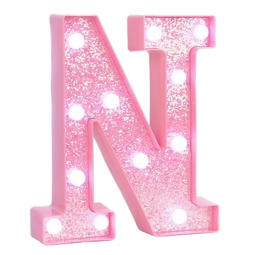 Image of Pink Marquee Light Up Letters, Glitter Alphabet LED Letter Lights for Pink Birthday Party Decorations, Battery Operated Letter Sign for Girls Room Vanity Table Decor, Cool White Lights Letter N