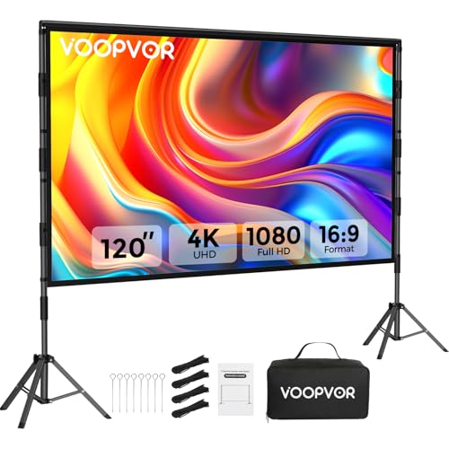 Image of Outdoor Projector Screen with Stand: VOOPVOR 120 inch Portable Projector Screen Indoor - Upgraded Movie Screen 16:9 4K HD - Wrinkle-Free Lightweight Projection Screen with Carry Bag for Backyard Night