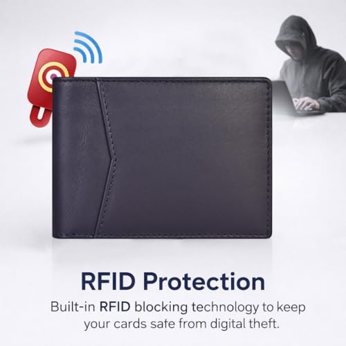 Image of Contacts Men's Genuine Leather Wallet | RFID Blocking Bifold Wallet for Men | Up to 8 Card Slots Including 1 ID Window (Blue)