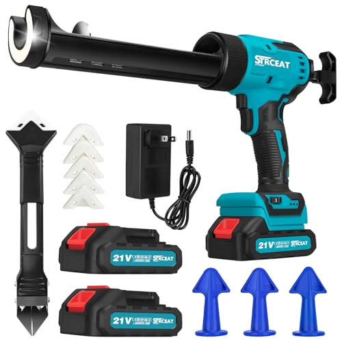 Cordless Caulking Gun, 21V Battery Powered Caulk Gun, Electric Caulking Gun w/2 x 2.0Ah Batteries, 9Pcs Caulk Remover Tool, LED Light, Auto Retract for Filling, Sealing