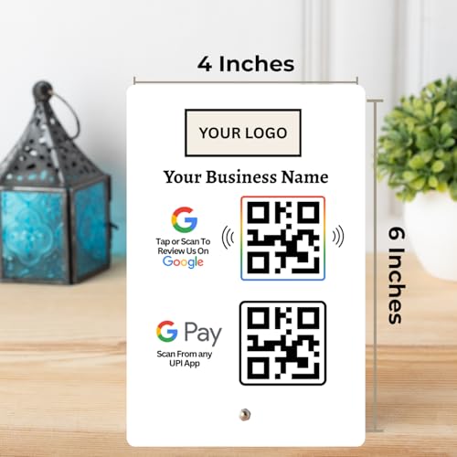 Image of Combo Standee for Review & UPI Payment | NFC Tap-to-Review + QR Code for Payment | Custom Acrylic Stand with Logo & Name | Dual Function Counter Display