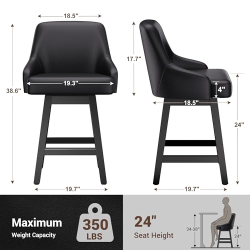 Image of YaFiti Swivel Counter Height Bar Stools Set of 2, 24 inch Modern Faux Leather Barstools with Back, Widen Upholstered Seat, Hardened Wood Legs for Kitchen Counter, Island, Dining Room, Black