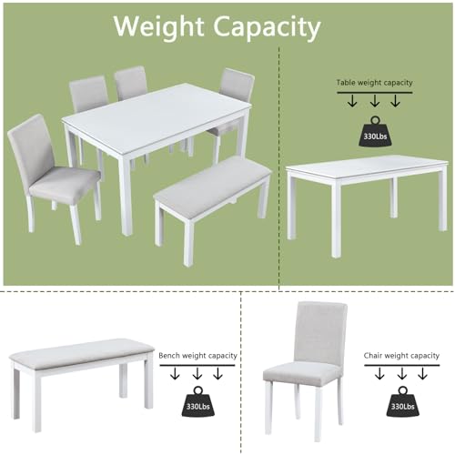 Image of KEIKI 6-Piece Standard Height Dining Table Set with Rectangular Table, 4 Upholstered Chair, Bench, for 6 Person, Modern Crystal Decoration Table Set, Easy Assembly, for Kitchen, Dining Room, White