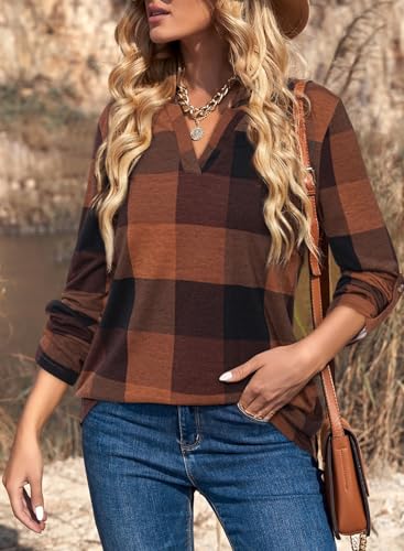 Image of Dokotoo Womens Tops Plaid Cotton Cuffed 3 /4 Sleeve Shirts Blouses