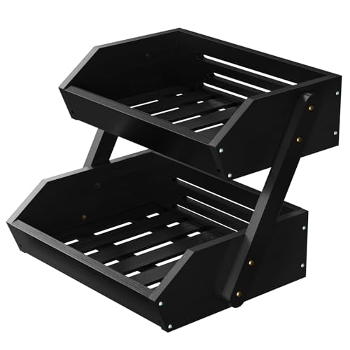 CALM COZY Soporte de bambú para Cesta de Frutas, 2 Niveles Estante para Frutas,Cesta de Almacenamiento de Pan, Soporte para Verduras para encimera de Cocina, Negro