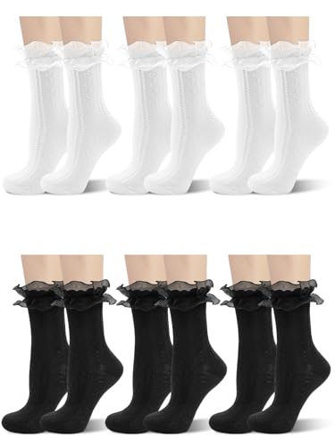 6 Pairs Women's Crew Socks Casual Cute Ankle Socks Breathable Cotton Ruffle Frilly Socks Princess Ankle Dress Socks for Girl Women