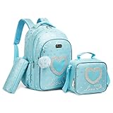 Conjunto de Mochila Escolar Infantil com Bolsa Térmica e Estojo - Ideal para Meninos e Meninas de 7 a 12 Anos (Coração de prata azul)