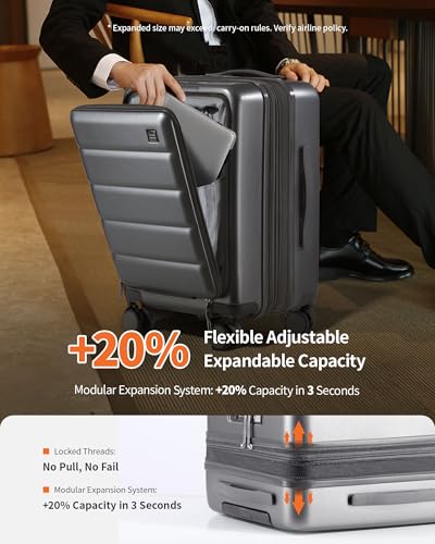 Expandable 20Inch Carry On Luggage Airline Approved - Front Pocket Hardside Travel Suitcase Unbreakable -with Cup Holder,USB Charge,Side Pothook, 360°Spinner Wheels, TSA Lock, Grey2