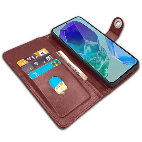 Image of Pikkme Flip Cover Leather Finish | Inside TPU with Card Pockets | Wallet Stand and Shock Proof | Complete Protection Button Flip Case for Samsung Galaxy M55 5G / M55s 5G / F55 5G (Brown)