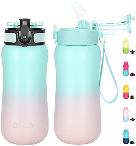 12 oz Insulated Kids Water Bottle with Straw/Chug/2 One-Click-Open Lids 10 Stickers Fruit Strainer Stainless Steel Water Bottles Double Wall Vacuum Wide Mouth BPA Free Sweat & Leak-Proof for School
