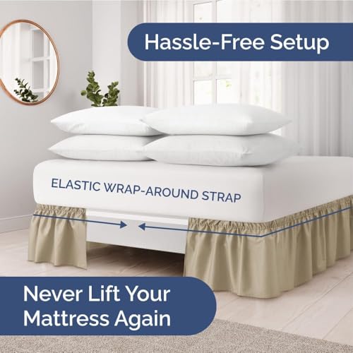 Image of Bed Skirt - Wrap Around Dust Ruffle Bed Frame Cover with Easy Fit Elastic Strap, Single Size 18 Drop, Microfiber Pleated, Machine Washable | Beige, (48inchx72inch)