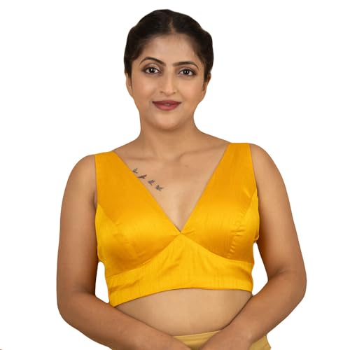 Image of FIGURE'S DESIGNER Women's Dupion Raw Silk Sleeveless V Neck Sabyasachi Cut Readymade Saree Blouse Padded Stitched S4