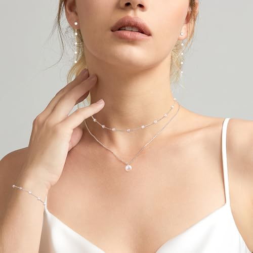 Image of Zeffy Gold Pearl Necklace for Women, Dainty 14K Gold /Silve Plated Layered Pearl Choker Pearl Earrings Pearl Bracelets Wedding Trendy Gold Jewelry Set for Women Gifts