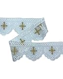 TOMASELLI MERCERIA Passamaneria Pizzo Sacro Chiesa Tulle Bianco Embroides Cross Gold Lurex Spiga 8 Cm