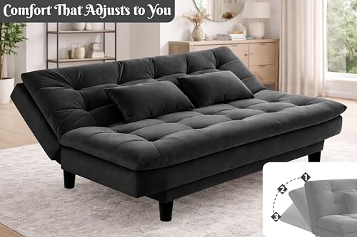 Image of Modern Velvet Convertible 3-Seater Futon Sofa Bed with Tufted Sleeper Couch with Adjustable Backrest- Living Room Furniture-Black-Color