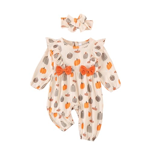 Newborn Baby Girl Halloween Outfits Long Puff Sleeve Cotton Linen Romper Pumpkin Jumpsuit Fall Thanksgiving Clothes