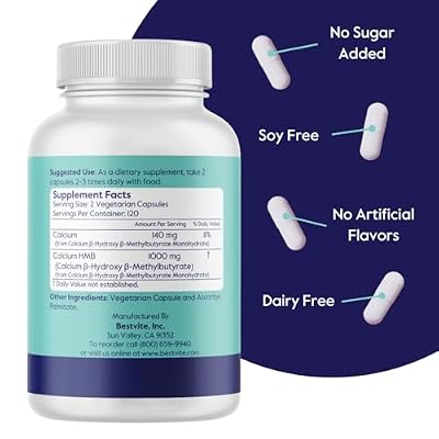 BESTVITE HMB 1000mg per Serving (240 Vegetarian Capsules) - No Stearates - Vegan - Non GMO - Gluten Free - HMB Supplement