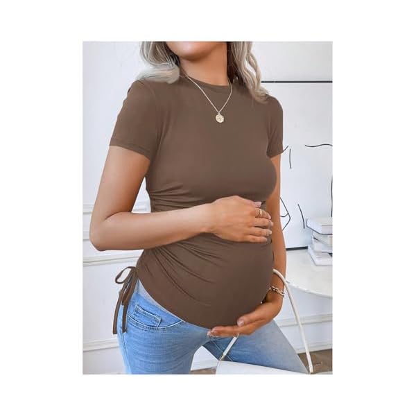 SweatyRocks Women's Maternity Shirts Drawstring Ruched Short Sleeve Crewneck Maternity Tees Tops - Image 6