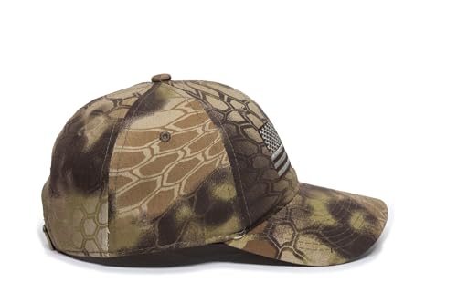 Image of Camouflage Flag Patch Trucker Hat - Cotton Canvas, Mesh Back, Structured High Crown, Plastic Snap Closure, One Size