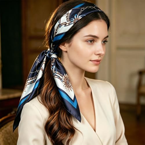 Image of DRESHOW 35 inch Large Square Satin Head Scarf - 4Pcs Silk Accessories Classic Patterned Squares Beach Bandanas for Women