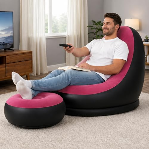 Image of Inflatable Lounge Chair for Adults with Ottoman, Foldable Air Sofa Couch, Portable Blow Up Chair for Living Room Bedroom, Comfortable Indoor Seating, 150 kg Capacity (Red)