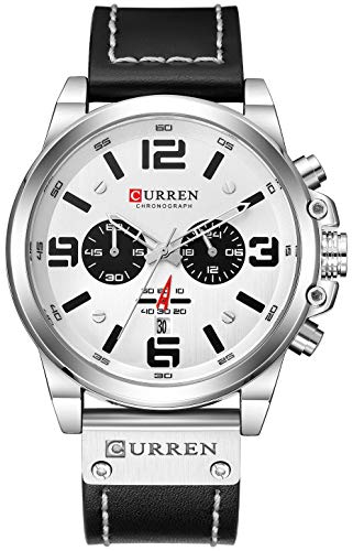 Mens Leather Strap Watches Classic Sandwich Dial Casual Dress Stainless Steel Waterproof Chronograph Date Analog Quartz Watch (Black Silver)