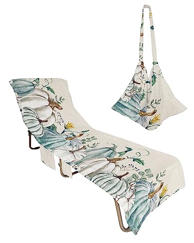 Rustic Teal Pumpkins, Beach Lounge Chair Towel Cover, Soft Chaise Lounge Towel with Side Pockets Patio Pool Chairs Cover for Beach/Pool Sunbathing 29x85 Eucalyptus Leaves Herb Aesthetic Plant