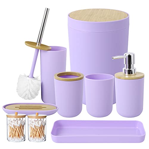 iMucci Purple Bathroom Accessories Set 9Pcs Bathroom Set with Trash Can, Toothbrush Holder, Soap Dispenser, Lotion Dispenser, Tumbler Cup,Qtip Holder