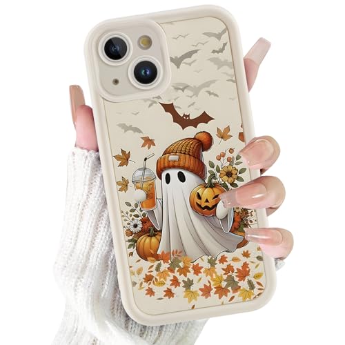 Saqmkil Halloween Funda para iPhone 14 6,1'', Aesthetic Horror Diseño de Dibujos Case Protector de Cámara Carcasa, Suave Mate Beige Silicona TPU Mujeres Antigolpes Case - Calabaza