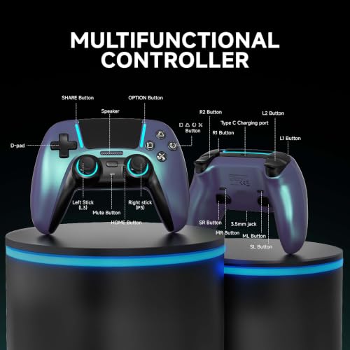 Image of ASRVA Chrome Blue Wireless Pro Controller for PS5,4 Back Buttons,Hall Effect Joystick(No Drift),Micro-Switch,Gyro,Macro,1000mAh,RGB,Compatible with PS5 /Pro /Slim /PC /iOS /Android