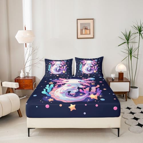 Image of jejeloiu Cute Axolotl Bed Sheets Set Queen Size Cartoon Pink Axolotl Bed Set for Kids Boys Girls Romantic Deep Pocket Fitted Sheet Breathable Soft Lightweight Microfiber