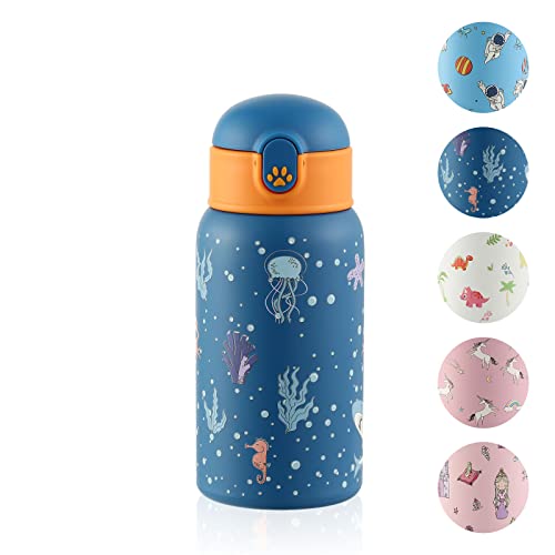 Autsel 500ml Trinkflasche Kinder Edelstahl Doppelwand Flasche BPA-frei mit Auslaufsicher Deckel Wasserflasche Kinderflasche mit Strohhalm Flasche für Schule Kindergarten Sport Ozean Cover
